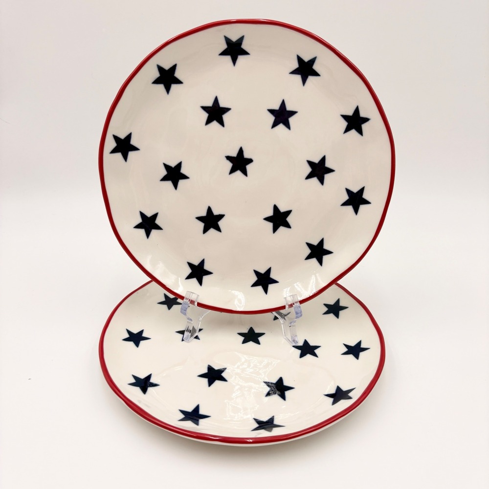 Yedi Houseware Americana Star Ceramic Salad Appetizer Plates Red White Blue Set